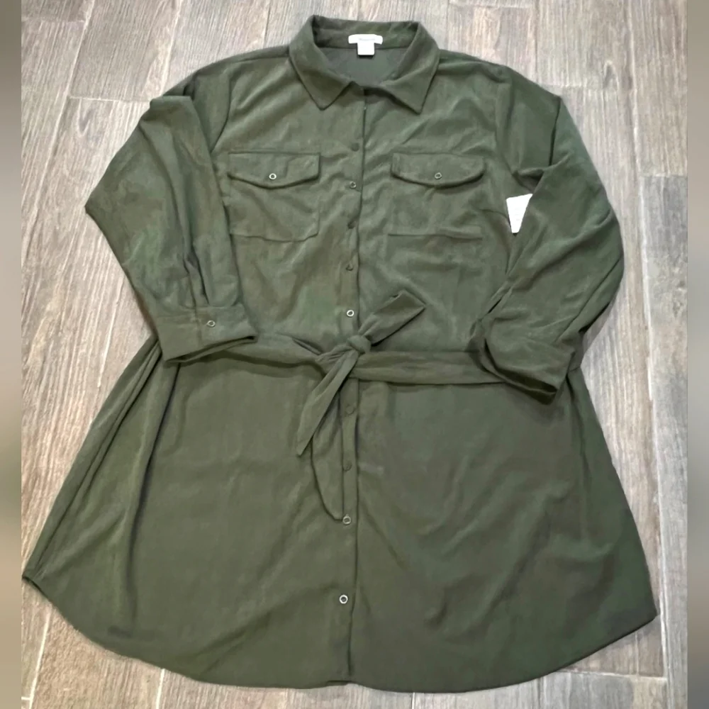Olive Green Corduroy Button-Up Shirt Dress by PASSPORT - Picture 2 of 6